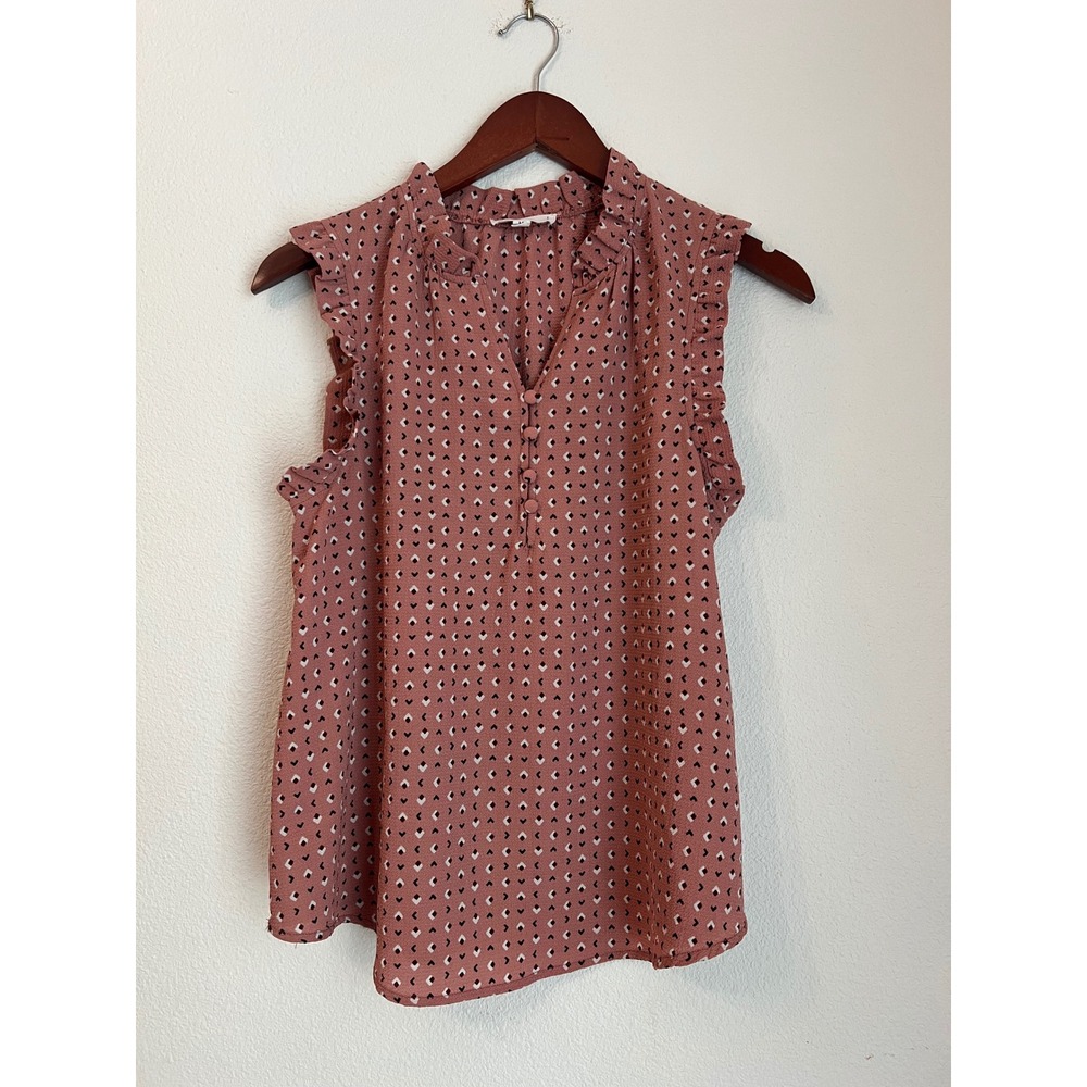 MINE‎ Ruffle Sleeveless Top Blouse Medium Mauve Geometric Print Career Casual